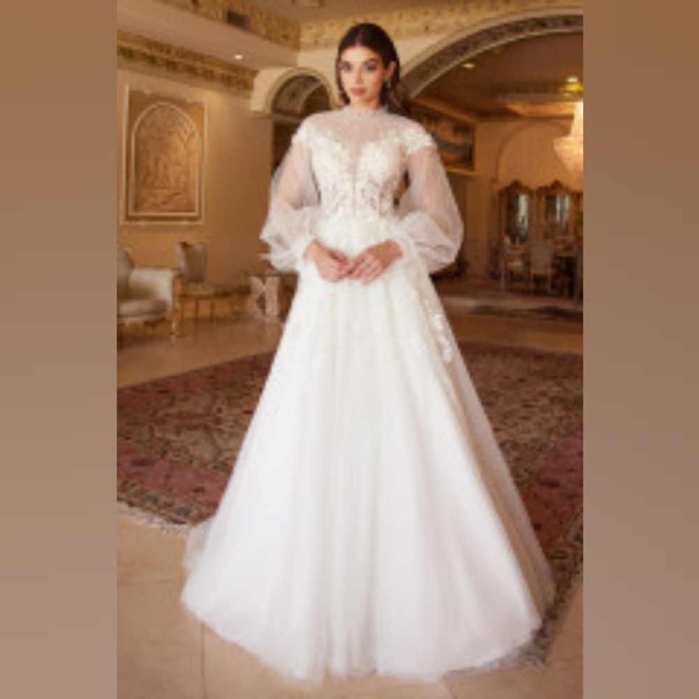 Long sleeve off white lace applique ruffled color floor length dress